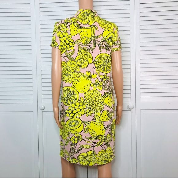 MARC CAIN Pink Yellow Print Collared V-Neck Short Sleeve Dress Size M