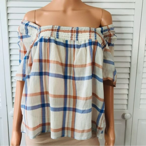 ALEXANDER JORDAN Cream Multi Plaid Lightweight Blouse Size S *NEW*