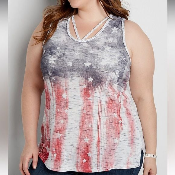 *NEW* MAURICES White Watercolor Flag Graphic Tank Top Size 2X