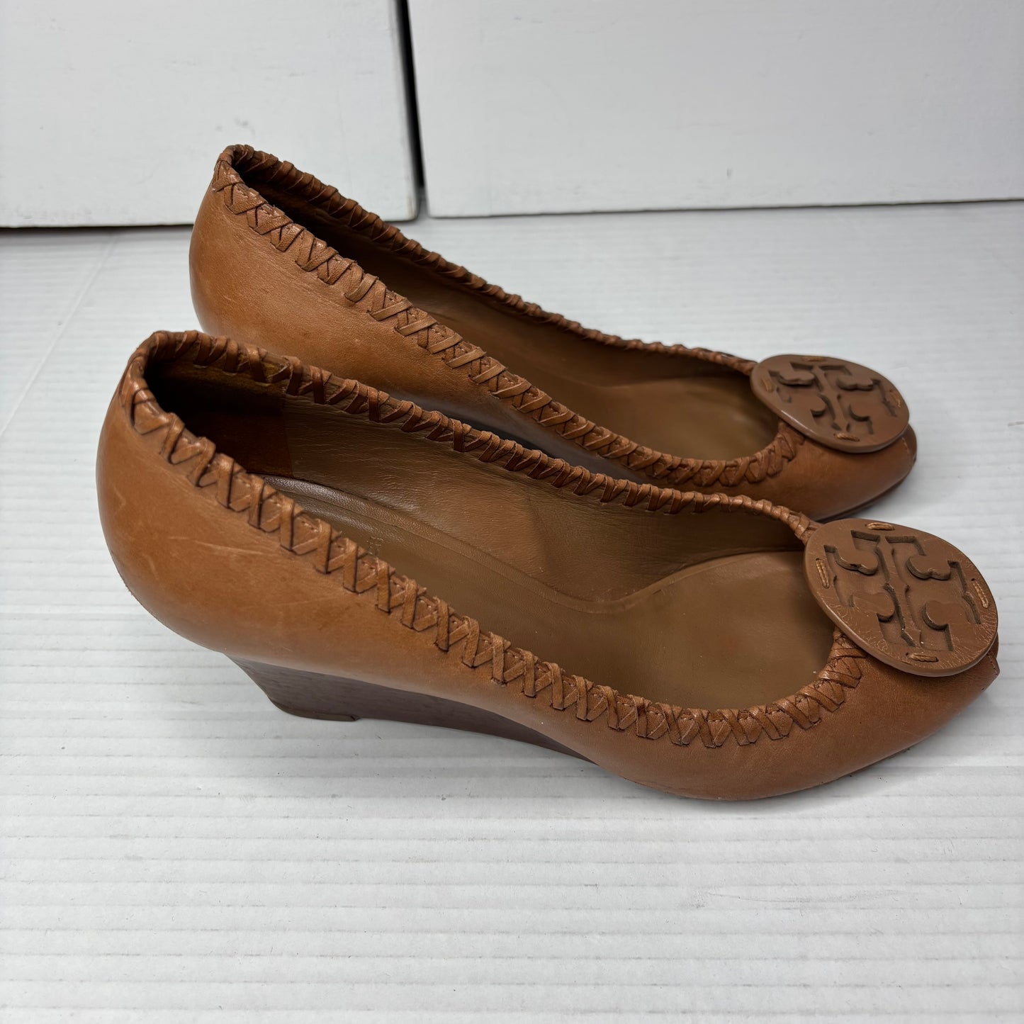 TORY BURCH "Sally" Peep-Toe Wedges in Royal Tan Leather Size 8