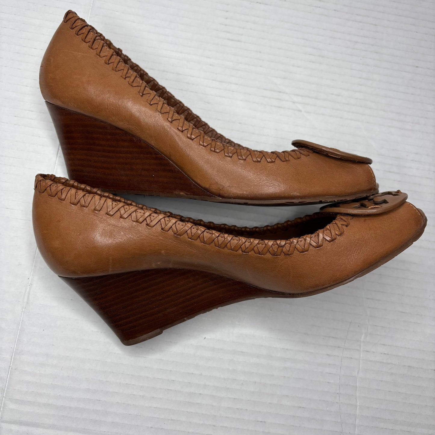 TORY BURCH "Sally" Peep-Toe Wedges in Royal Tan Leather Size 8