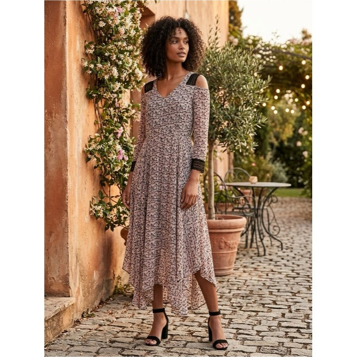 Maje Riano Imprimé Floral Cold-Shoulder Midi Dress Size Small