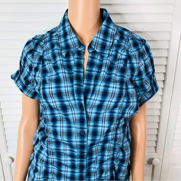 EXPRESS Blue Plaid V-Neck Button Down Short Sleeve Shirt Size L *NEW*