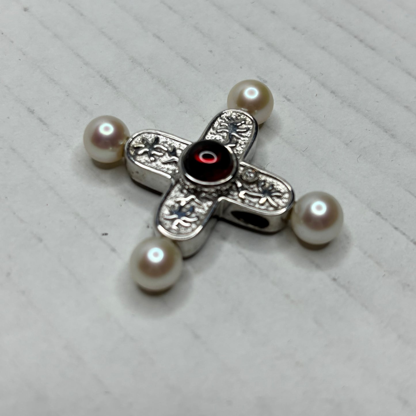 Vintage Sterling Silver Pearl & Garnet Cross Pendant