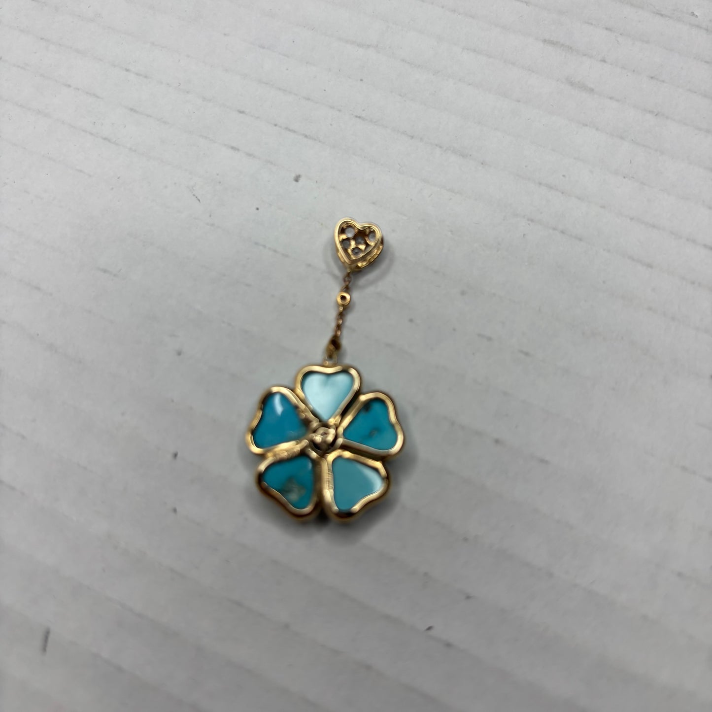 Solid 14K Gold Turquoise & Diamond Flower Pendant with Heart Bail