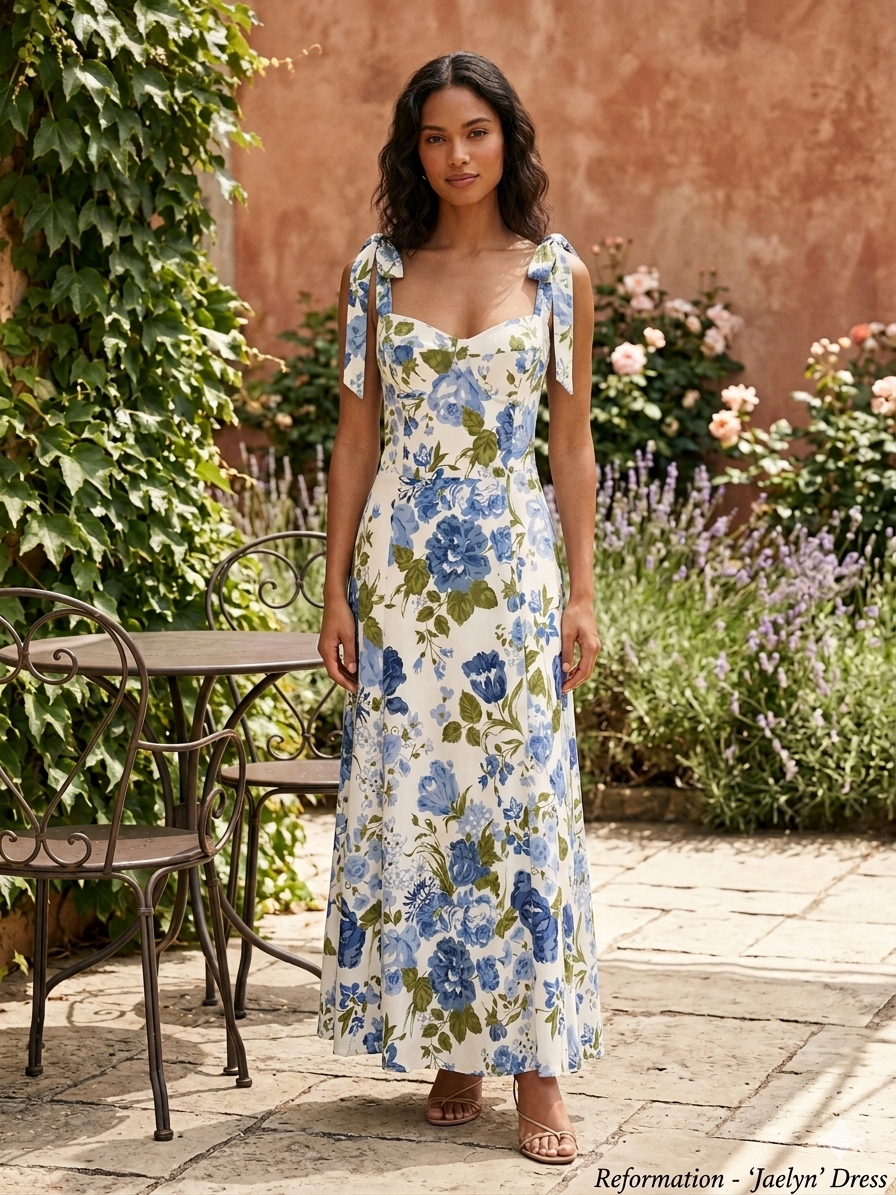 REFORMATION Jaelyn Dress Blue Green Floral Smocked Tie Strap Maxi Size 8