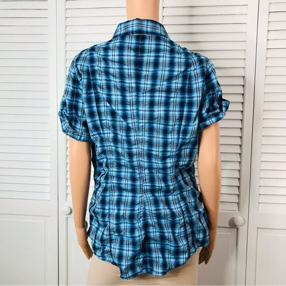 EXPRESS Blue Plaid V-Neck Button Down Short Sleeve Shirt Size L *NEW*