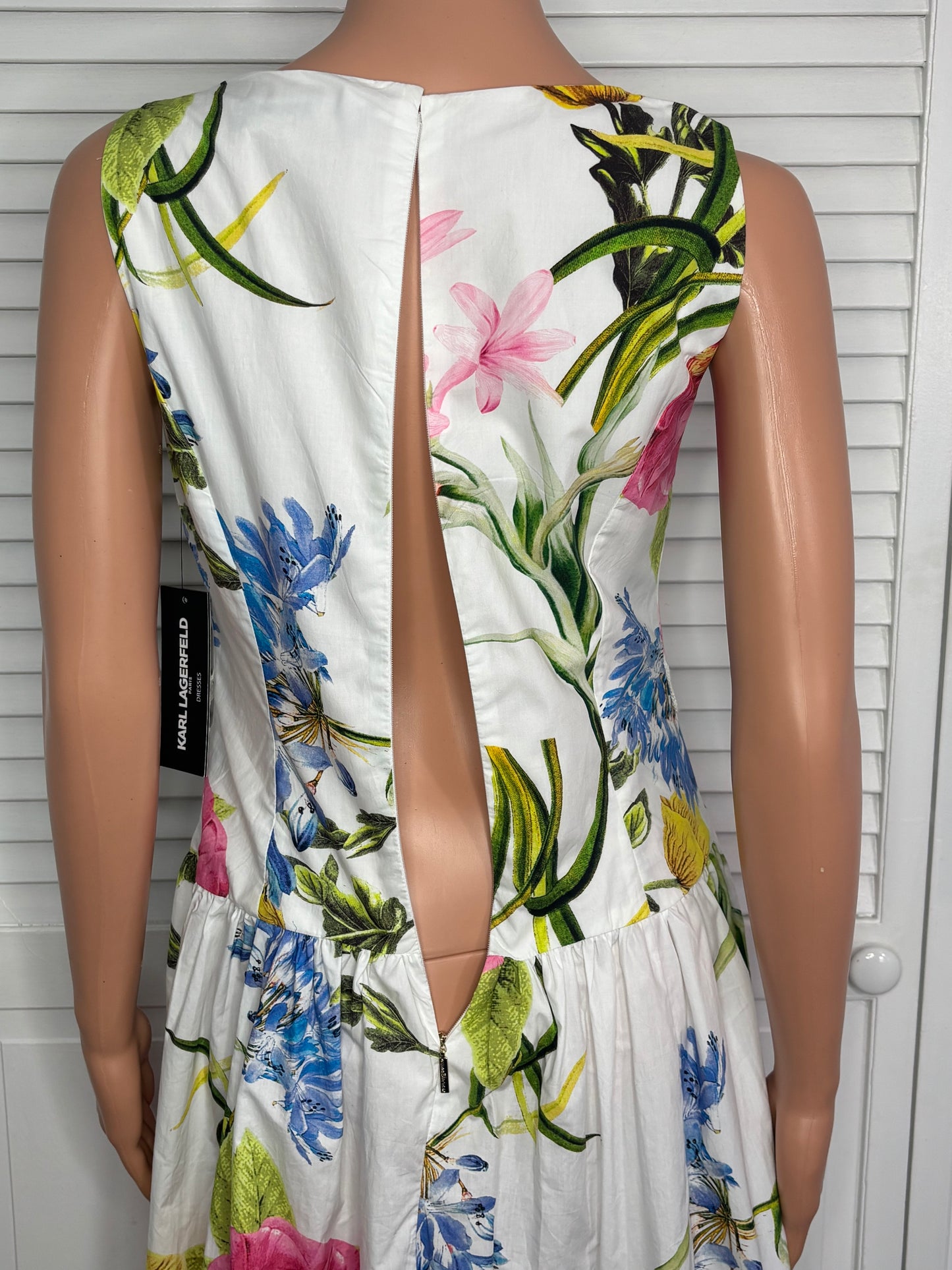 New KARL LAGERFELD Poplin Floral Print Sleeveless Drop Waist Midi Dress Size 2