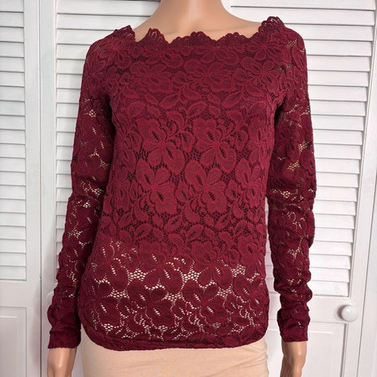 NEW PATTYBOUTIK Boatneck Sweetheart Inset Floral Lace Blouse in Burgundy Size Medium
