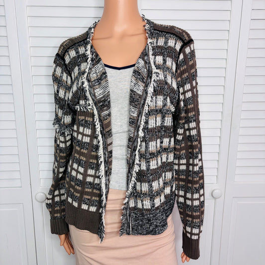 CABI Classic Neutral Plaid Cardigan Sweater Size XL