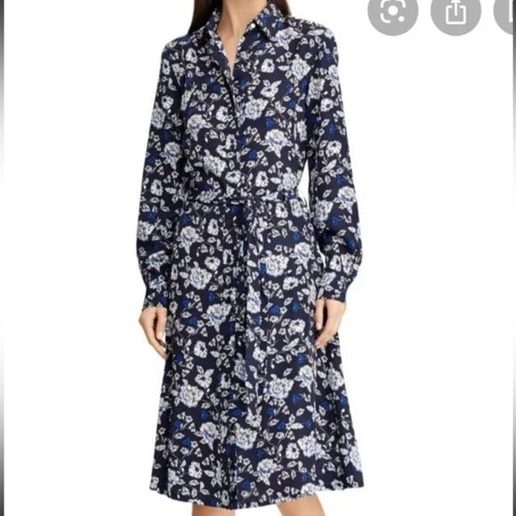 LAUREN RALPH LAUREN Navy Blue Floral Shirt Dress Size 0