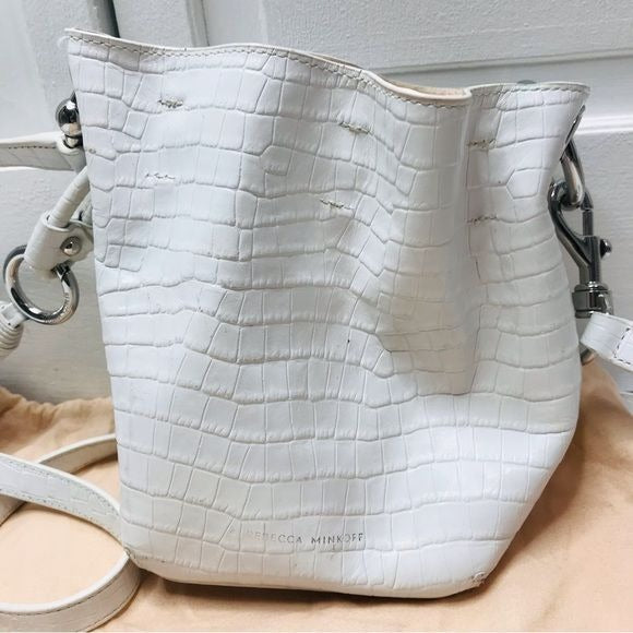 REBECCA MINKOFF Kate Mini White Embossed Leather Bucket Shoulder Bag