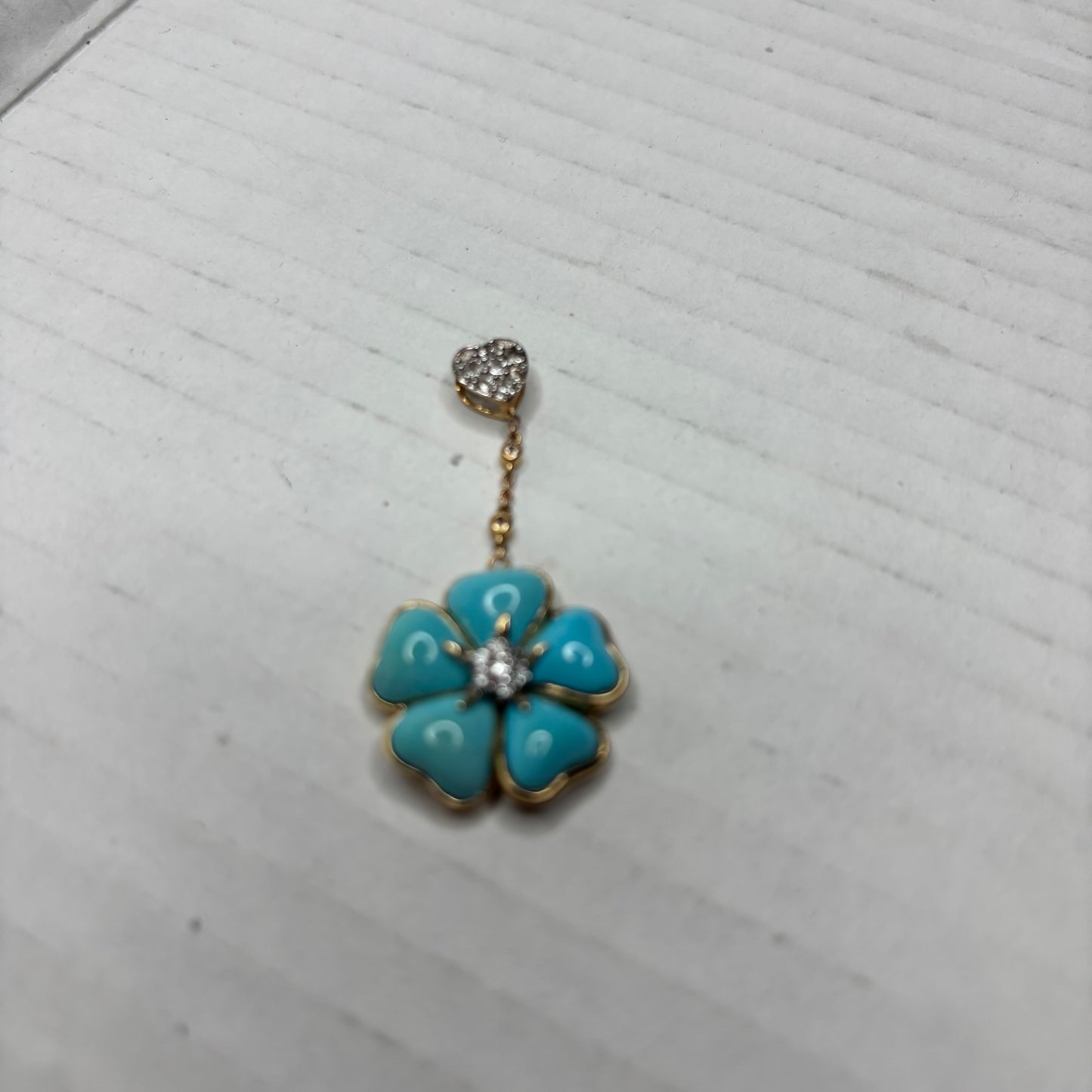 Solid 14K Gold Turquoise & Diamond Flower Pendant with Heart Bail