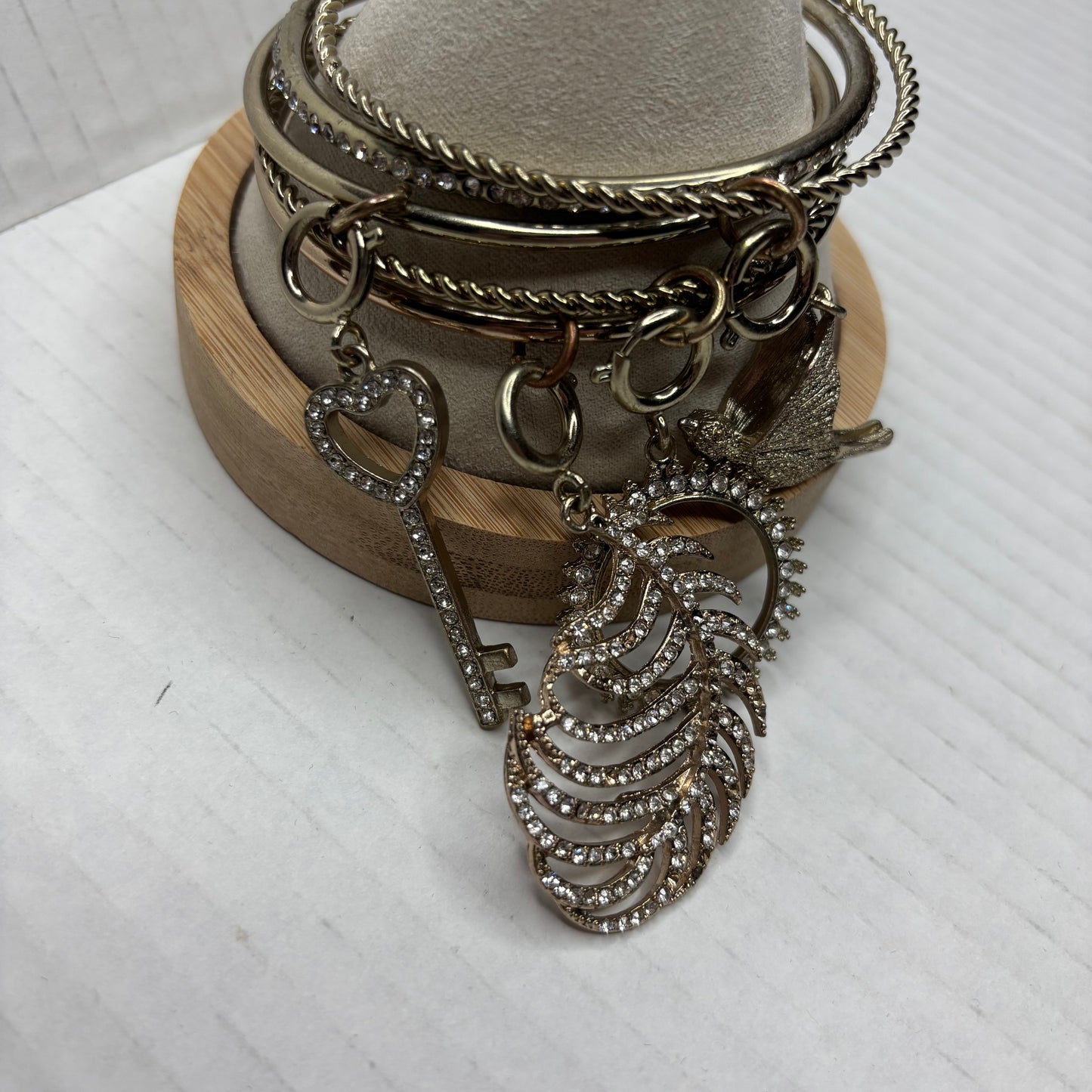 Set of 5 Gold Tone Stackable Bangles with Rhinestone Charms