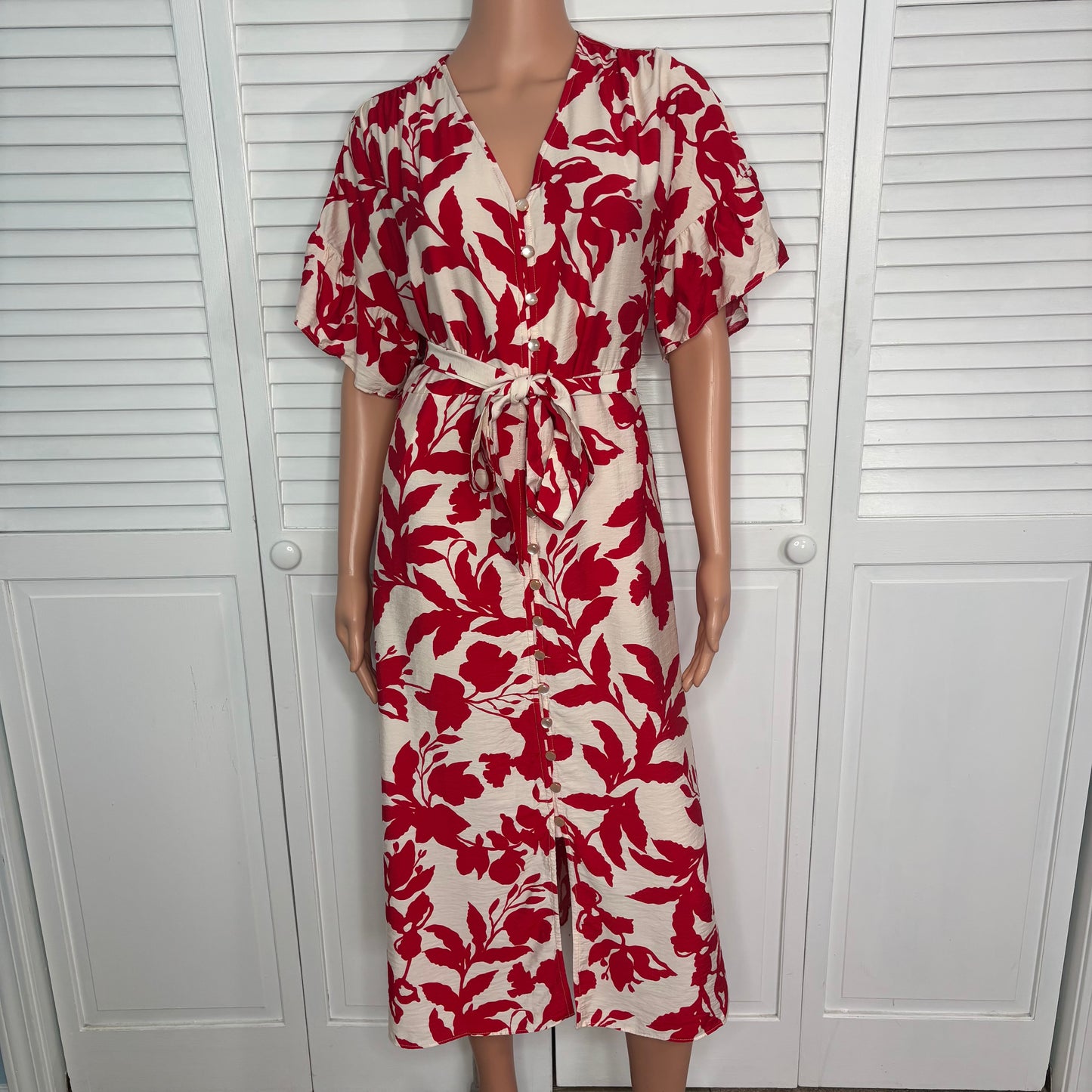 CHICO’S Floral Ruffle-Sleeved Midi Dress Size 6