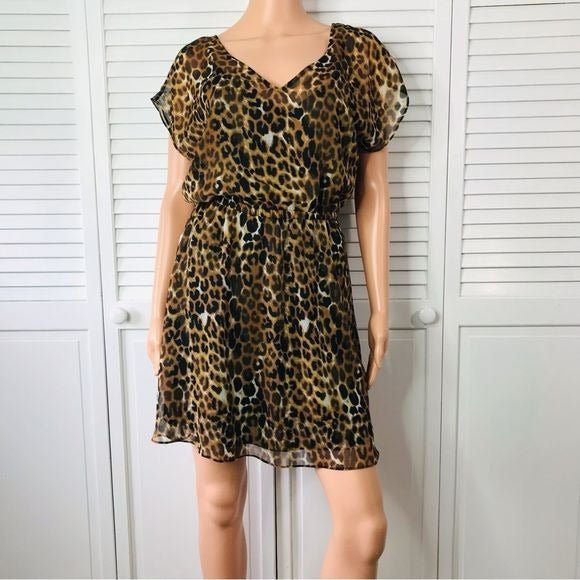 EXPRESS Brown Animal Print Short Sleeve Chiffon Dress Size M