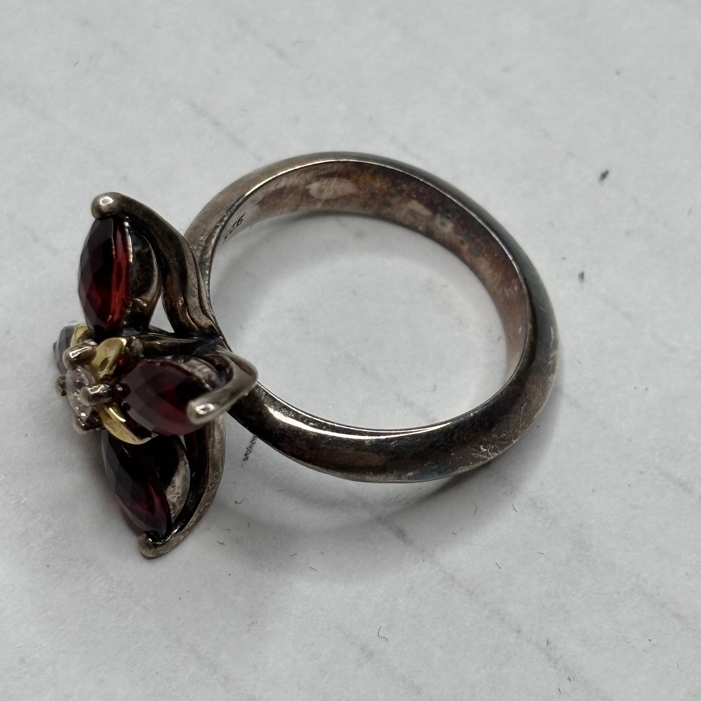 ANN KING 18K Gold Sterling Silver Garnet Flower Ring Size 8