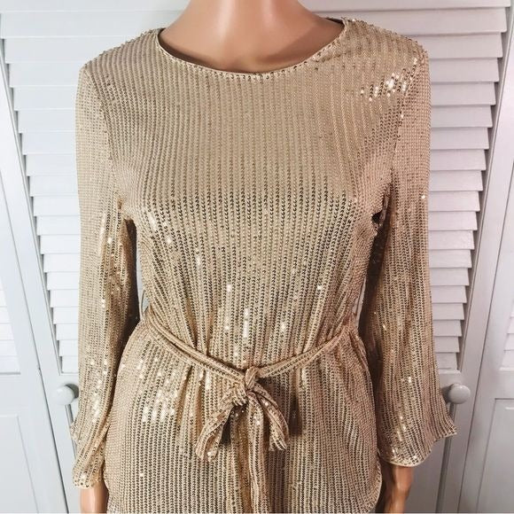 GRACE KARIN Almond Long Bell Sleeve Crew Neck Sequined Blouse Size S *NEW*