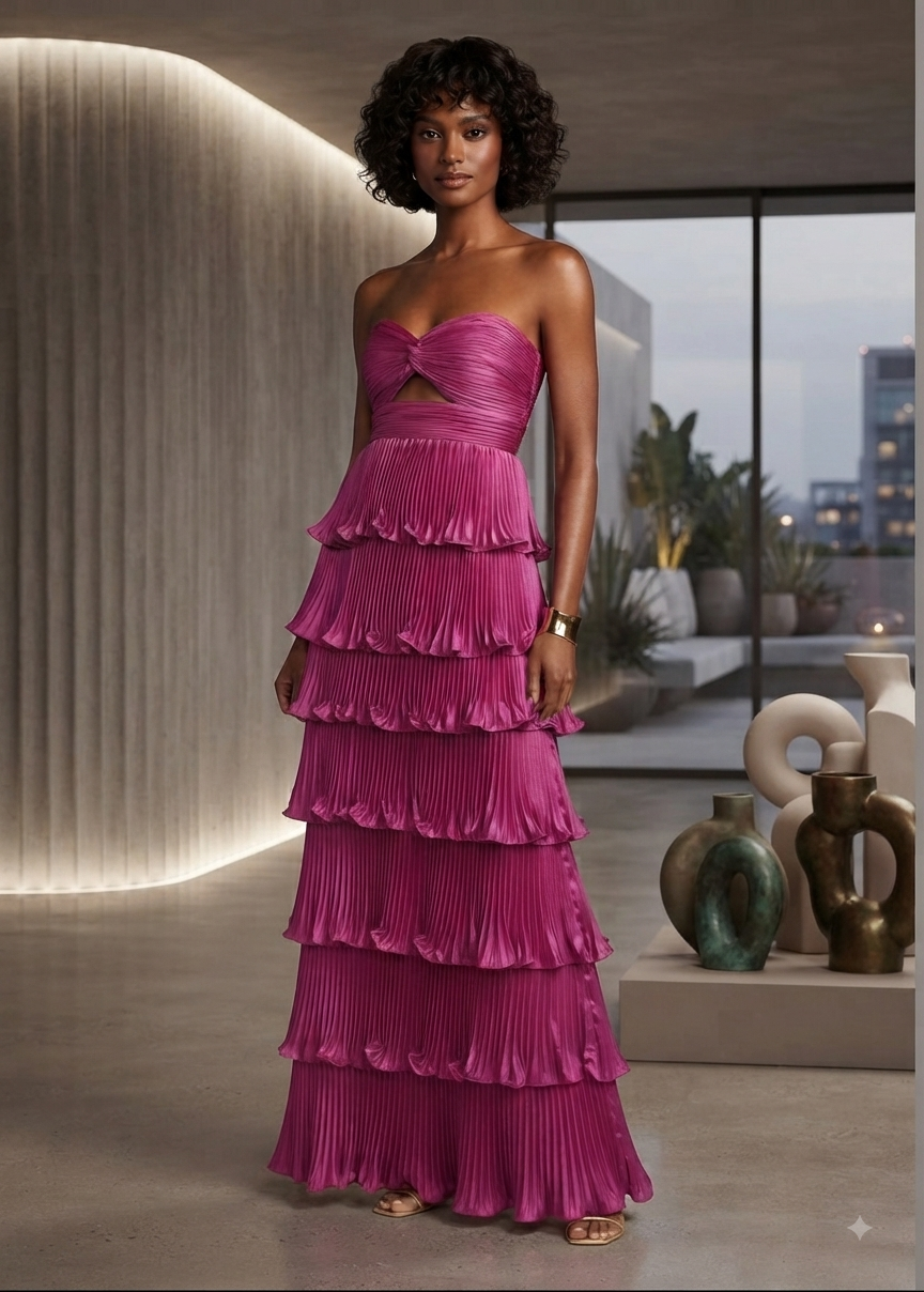 IEENA FOR MAC DUGGAL Pleated Charmeuse Strapless Tiered Ruffle Gown Size 4P
