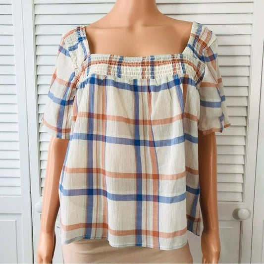 ALEXANDER JORDAN Cream Multi Plaid Lightweight Blouse Size S *NEW*