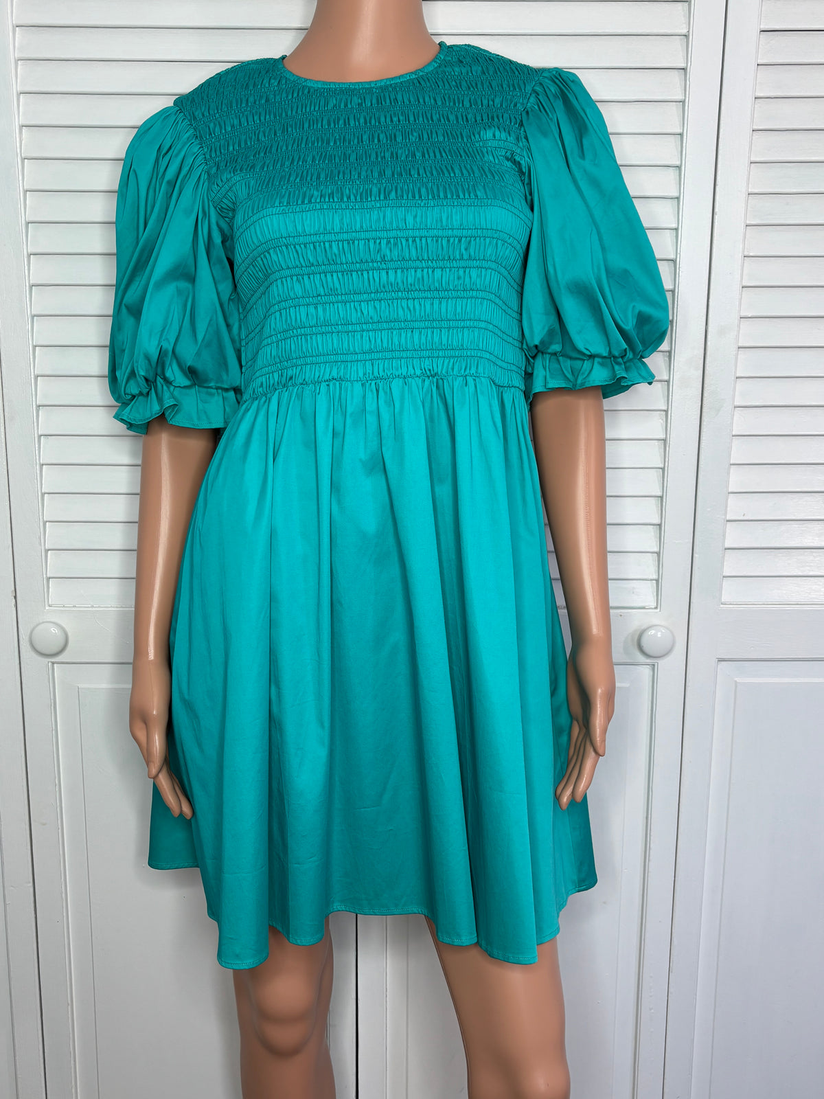 New CROSBY by Mollie Burch Teal Smocked Puff Sleeve Mini Dress Size Small