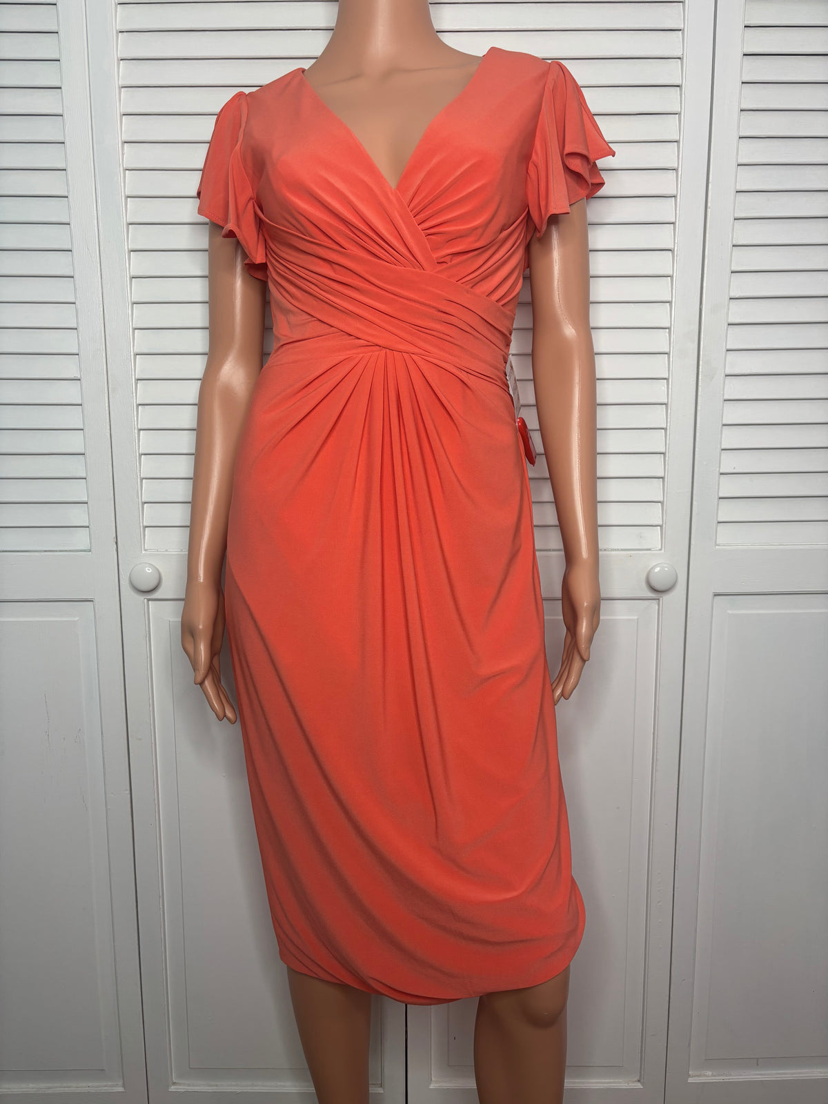 New Mac Duggal Flutter Sleeve Orange V-Neck Midi Dress Size 4