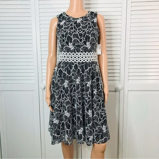 Taylor Black Sleeveless Floral Print Lace Waist Dress Size 4 *NEW*