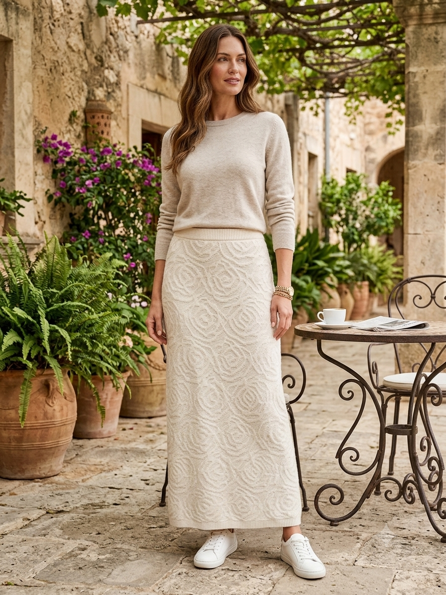 REFORMATION Cream Rose Patterned Cashmere & Linen Blend Skirt Size Medium