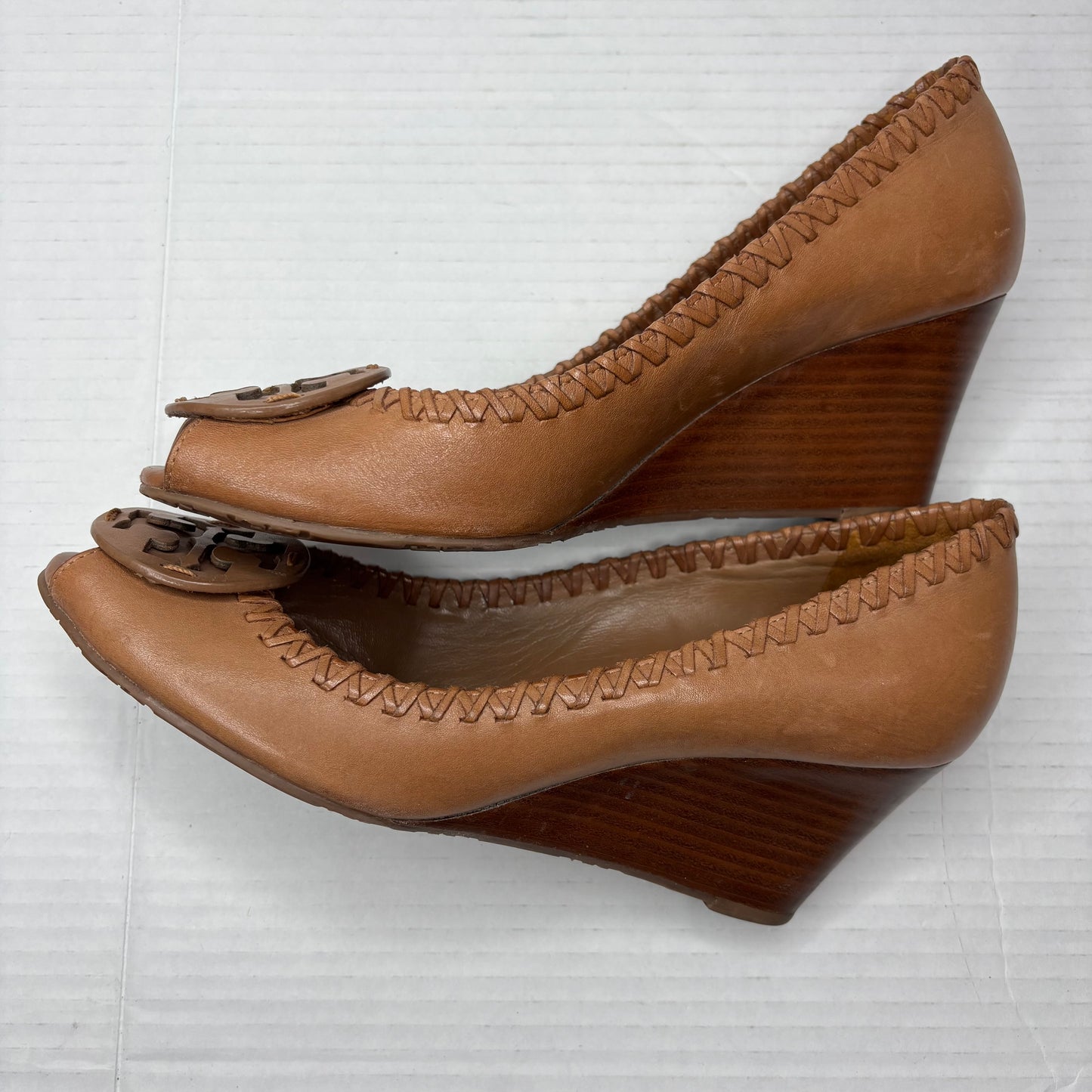 TORY BURCH "Sally" Peep-Toe Wedges in Royal Tan Leather Size 8