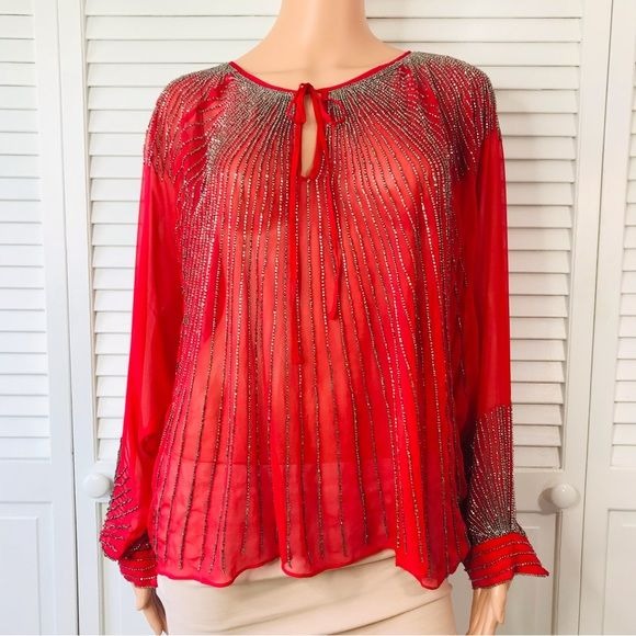 *NEW* PARKER Red Hand Beaded Boho Dolmas Sleeve Sheer Blouse Size Small