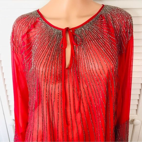 *NEW* PARKER Red Hand Beaded Boho Dolmas Sleeve Sheer Blouse Size Small