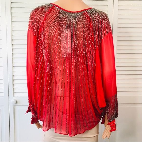 *NEW* PARKER Red Hand Beaded Boho Dolmas Sleeve Sheer Blouse Size Small