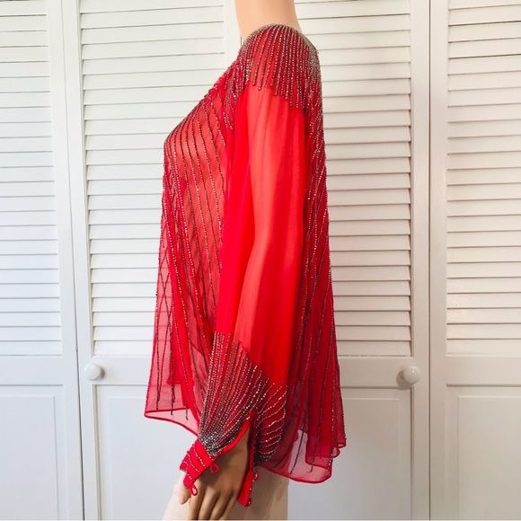 *NEW* PARKER Red Hand Beaded Boho Dolmas Sleeve Sheer Blouse Size Small