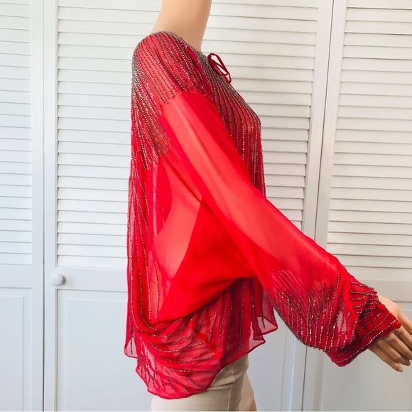 *NEW* PARKER Red Hand Beaded Boho Dolmas Sleeve Sheer Blouse Size Small