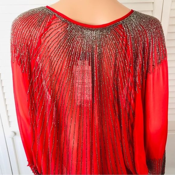 *NEW* PARKER Red Hand Beaded Boho Dolmas Sleeve Sheer Blouse Size Small