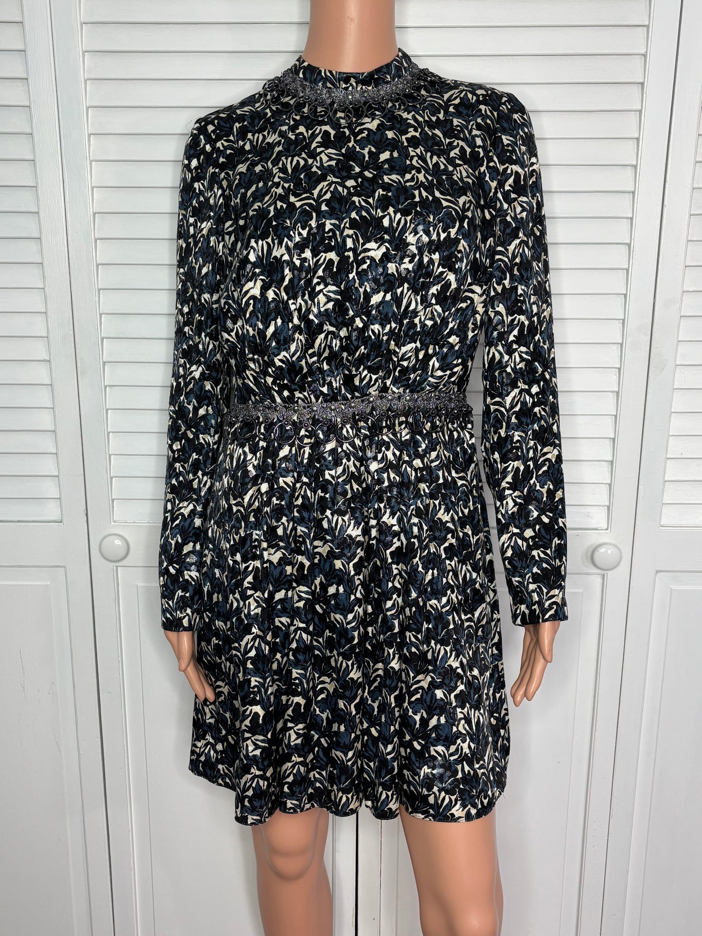 TORY BURCH Embellished Navy & Tan Metallic Floral Brocade Dress Size 4