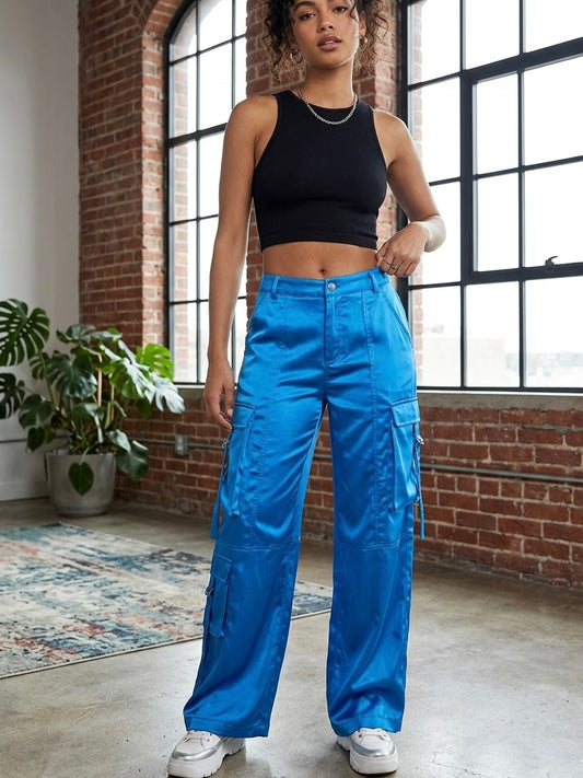 New GIANNI BINI Satin Wide-Leg Cargo Pants in Electric Blue Size Small