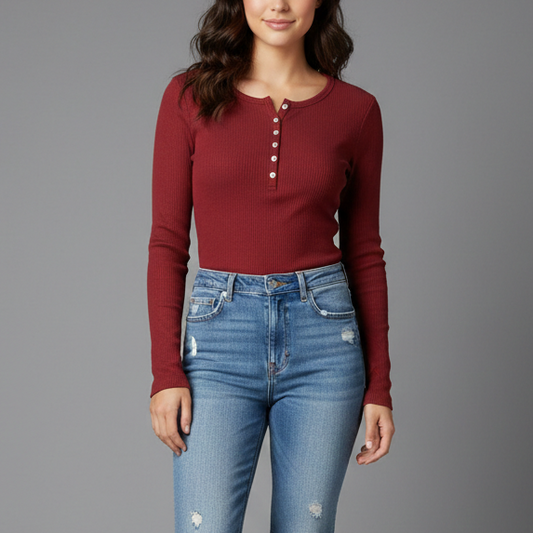 New BRANDY MELVILLE Dark Red Ribbed Zelly Henley Top