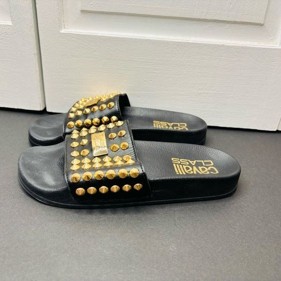 CAVALLI CLASS Black Studded Leather Slides Size 7