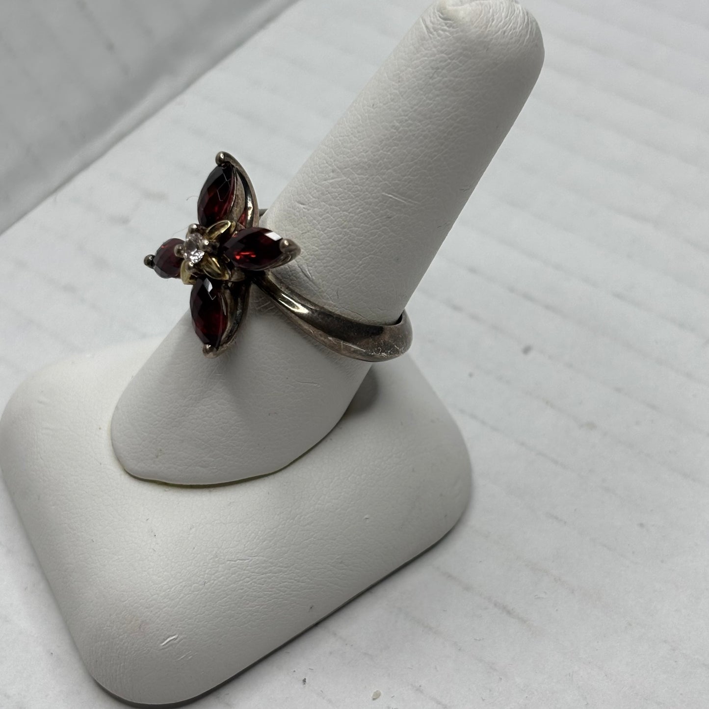 ANN KING 18K Gold Sterling Silver Garnet Flower Ring Size 8