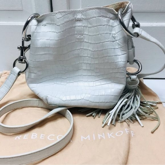 REBECCA MINKOFF Kate Mini White Embossed Leather Bucket Shoulder Bag