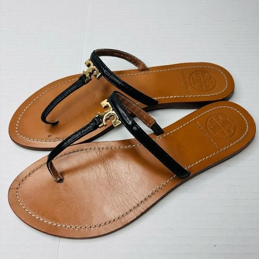 TORY BURCH Black T Logo Flat Thong Sandals Size 7.5