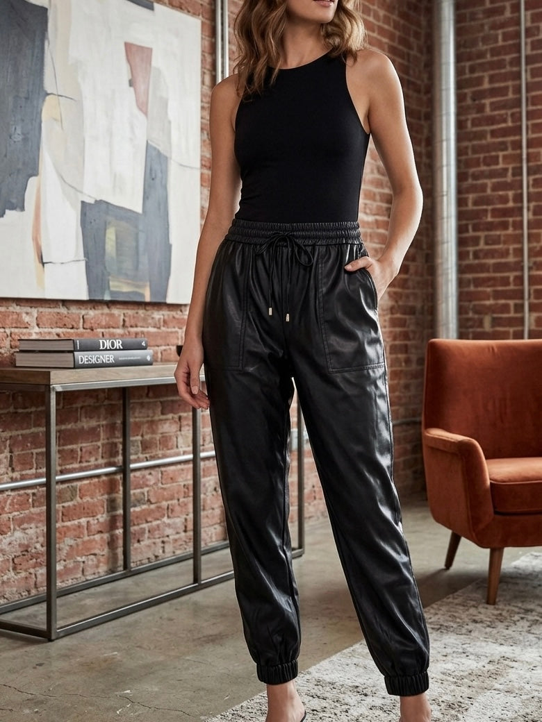 New GLAM Black Faux Leather Joggers Size Small