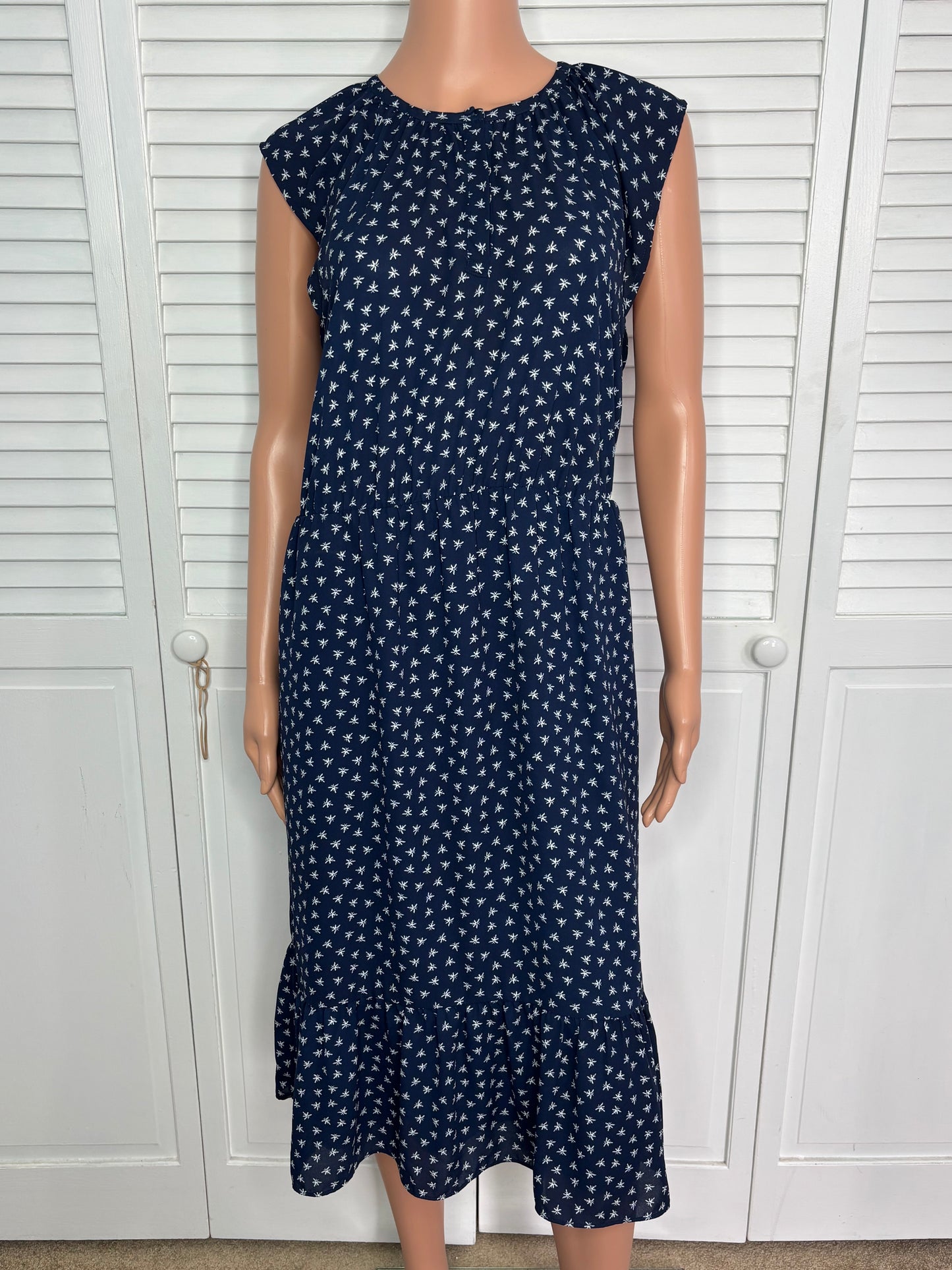 J. CREW Mercantile Navy Blue & White Dragonfly Print Midi Dress Size Medium