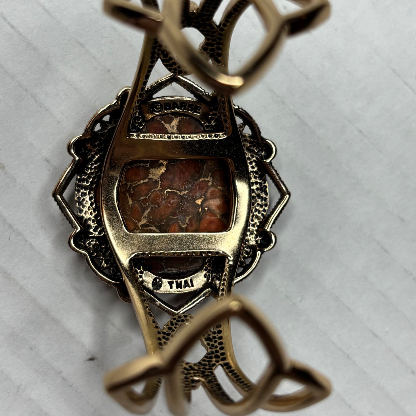 STUDIO BARSE Rare Brecciated Jasper Large Ornate Brass Cuff Bracelet