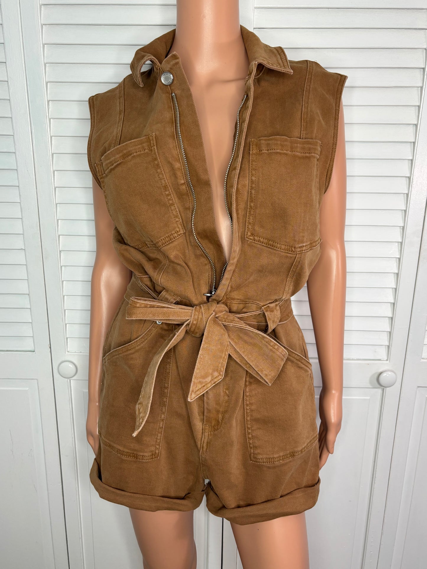 AVEC LES FILLES Brown Sleeveless Twill Utility Romper Size 29