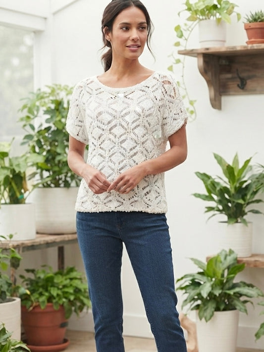J. JILL Pure Jill White Textured Cotton Short Sleeve Petite Sweater Size Small