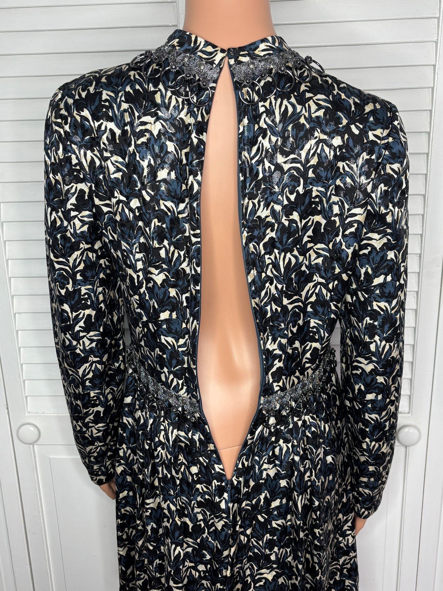 TORY BURCH Embellished Navy & Tan Metallic Floral Brocade Dress Size 4