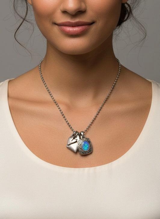 FOSSIL Sterling Silver Opal Love Letter Charm Necklace