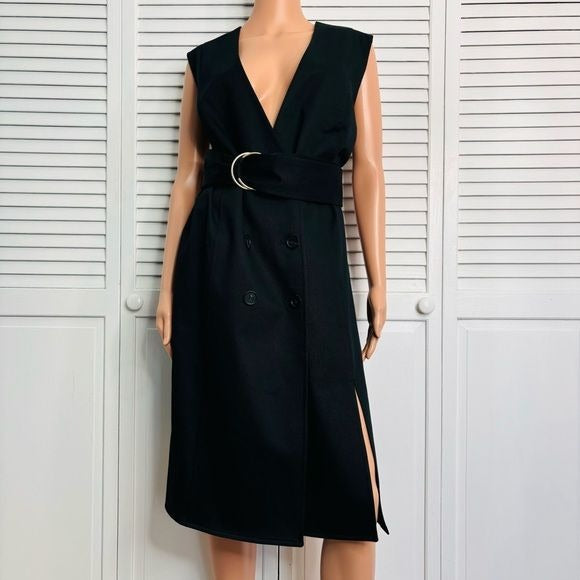 CAROLINA HERRERA Belted Twill Black Midi Dress Size 10